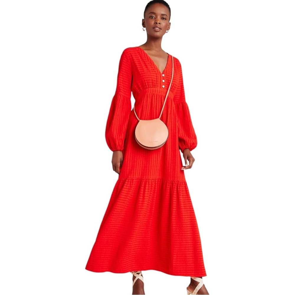 Amadi Alisha Dress Red Linen Blend Button V-Neck Puff Sleeves Tiered Maxi PS